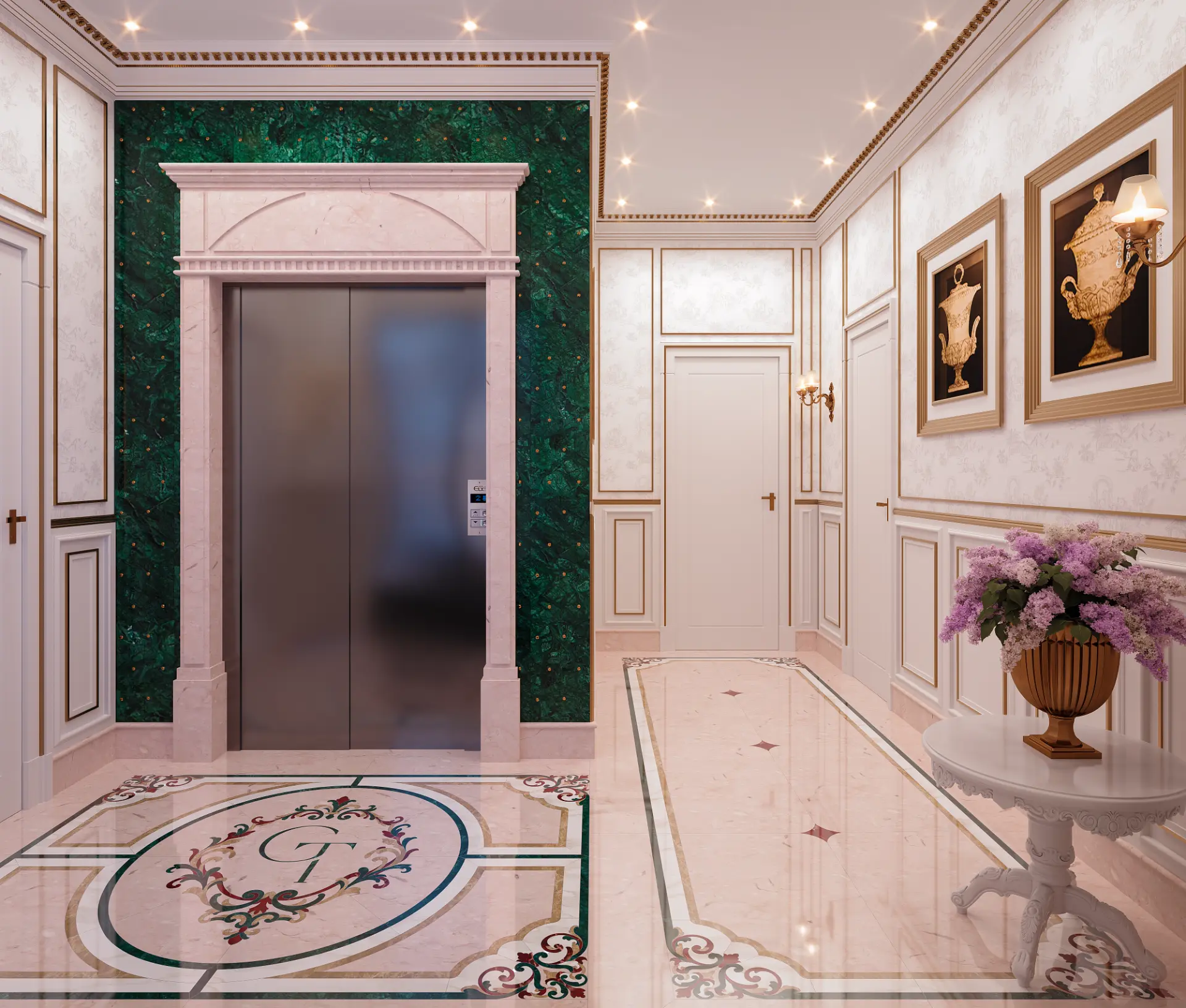 Hall de entrada com piso em marchetaria e cristais Swarovski